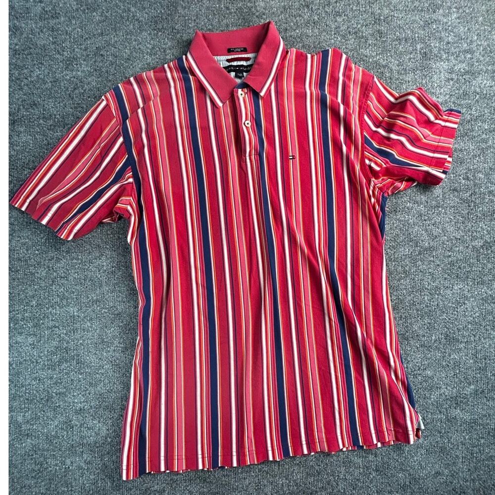 Tommy Hilfiger Men's XL Red Stripe Polo Shirt Short Sleeve Cotton Classic